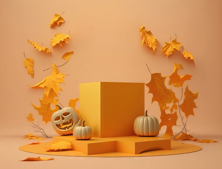 Halloween background with pumpkins, autumn leaves and podiumの素材