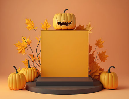 Pumpkin and autumn leaves on a podium.の素材