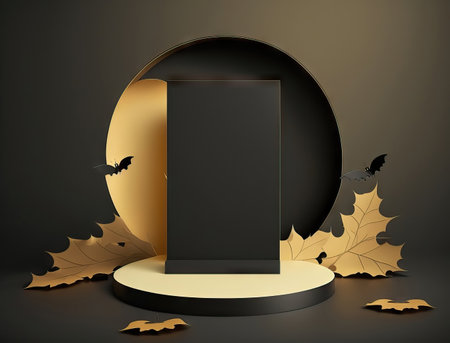 halloween background with black podium and black frameの素材