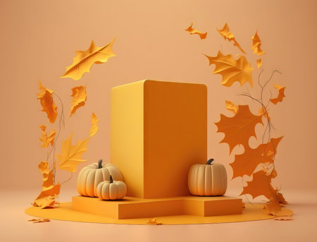 Podium for product display with autumn leaves and pumpkinsの素材