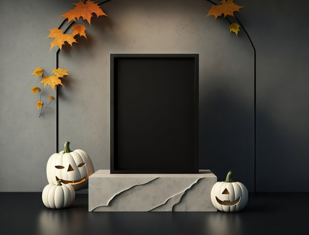 Halloween background with black frame, pumpkins and leavesの素材