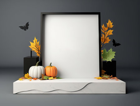 Halloween background with pumpkins and leaves on white podiumの素材