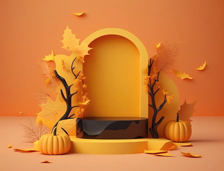 abstract autumn background with podium, pumpkins and leaves.の素材