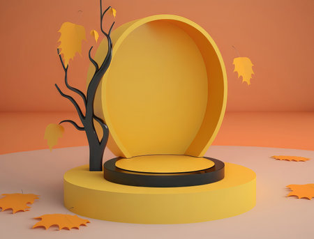 podium with autumn leaves. Minimal scene for product presentation.の素材