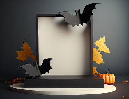 Halloween background with pumpkin, bats and empty frameの素材