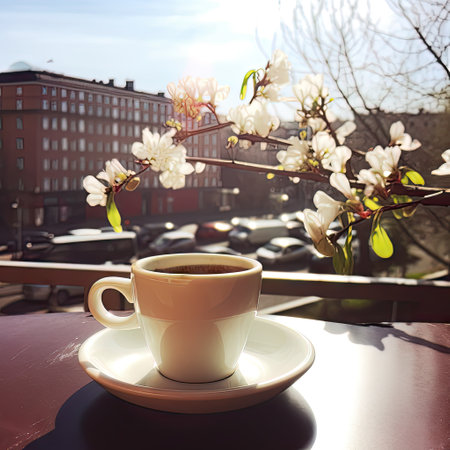 Cup of coffee and cherry blossom on the background of the cityの素材