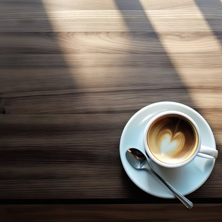 Coffee cup on wooden table with shadow from the window.の素材