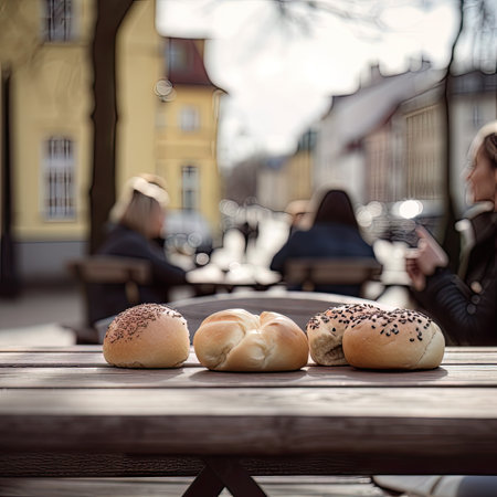 AI generated outdoor scene with blurred background, break during the day to chat with friends and family over a cup of coffeeの素材