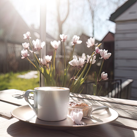 Cup of coffee on a wooden table in the garden with flowersの素材
