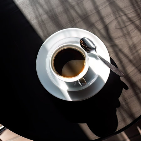 Cup of coffee on the table in a cafe. View from above.の素材