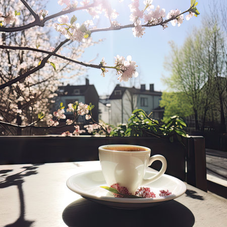 Cup of coffee with cherry blossoms on the terrace.の素材