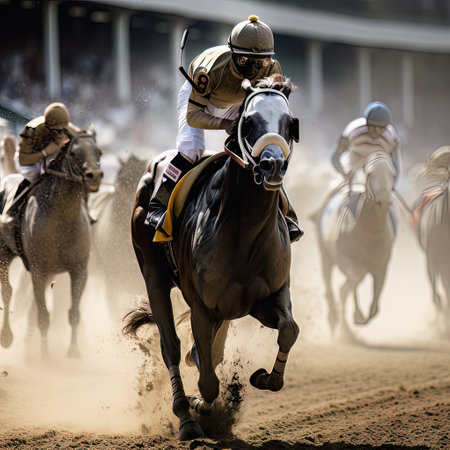 Racing horse and rider in action at a racecourse in Spain. AI generated Jockey riding a horse on a racecourseの素材
