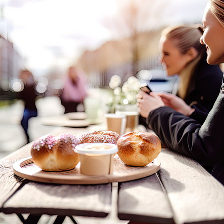 AI generated outdoor scene with blurred background, break during the day to chat with friends and family over a cup of coffeeの素材