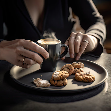 AI generative Female hands with cup of coffee and chocolate cookies on black tableの素材