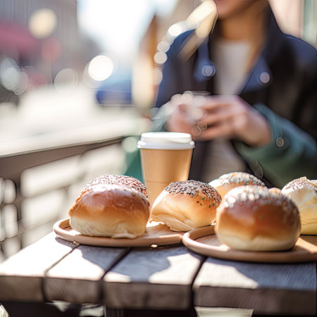 Buns and coffee in a paper cup on a wooden table. AI generated outdoor scene with blurred background, break during the day to chat with friends and family over a cup of coffeeの素材