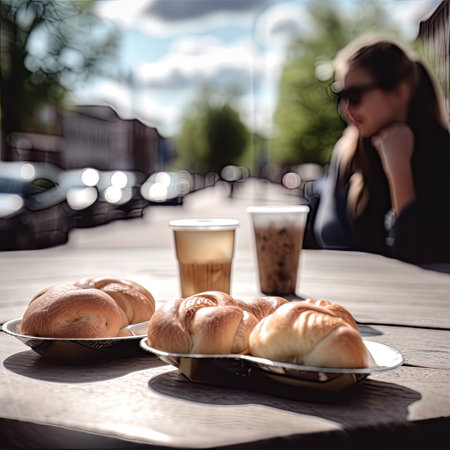Coffee and croissants on a table in a cafe. AI generated outdoor scene with blurred background, break during the day to chat with friends and family over a cup of coffeeの素材
