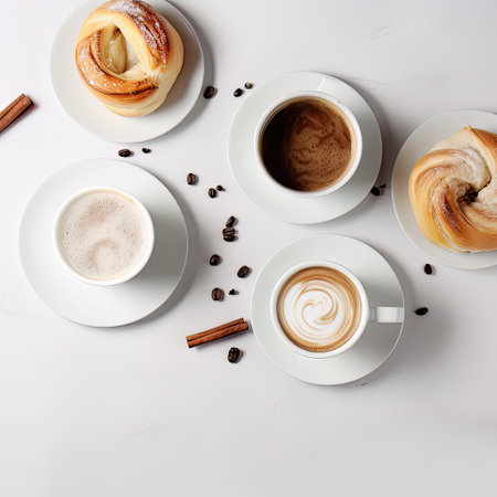 AI generated cups of coffee and buns with sugar and cinnamonの素材