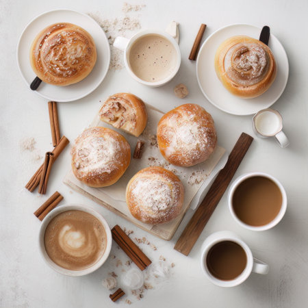 Coffee with cinnamon buns on white background, top view. AI generated cups of coffee and buns with sugar and cinnamonの素材