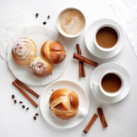 Coffee with cinnamon buns and coffee beans on a white background. AI generated cups of coffee and buns with sugar and cinnamonの素材