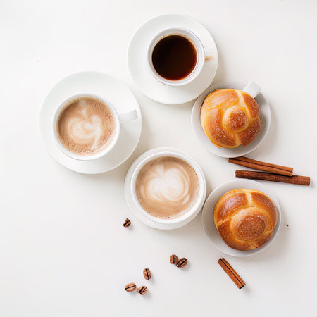 AI generated cups of coffee and buns with sugar and cinnamonの素材