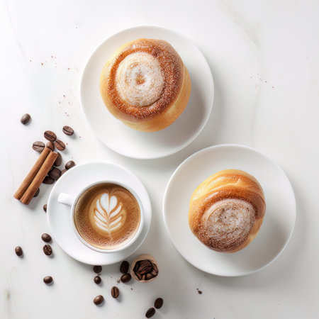 Cappuccino with cinnamon and coffee beans on a white marble background. AI generated cups of coffee and buns with sugar and cinnamonの素材