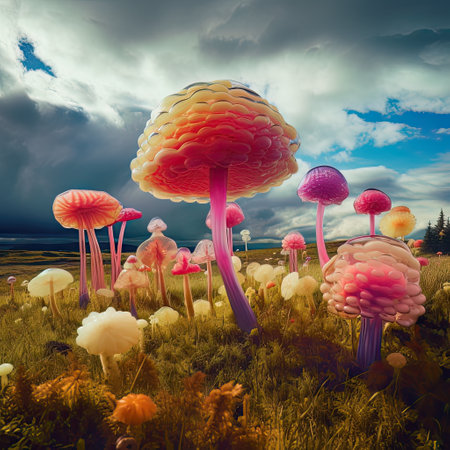 Mushrooms in the meadow. AI generated Fantasy clouds in the blue sky in the shape of jelly fishの素材