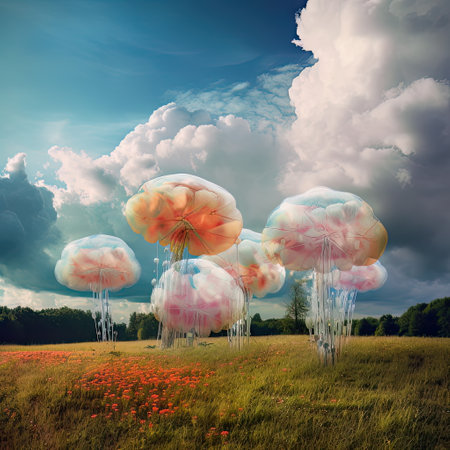 Fantasy landscape with clouds and flowers. AI generated Fantasy clouds in the blue sky in the shape of jelly fishの素材