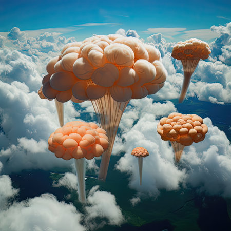 mushrooms in the sky. AI generated Fantasy clouds in the blue sky in the shape of jelly fishの素材