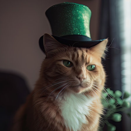 Cute ginger cat wearing a green top hat and green leprechaun hat.の素材
