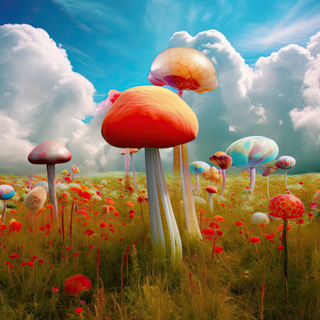 Fantasy landscape with mushrooms in the meadow. AI generated Fantasy clouds in the blue sky in the shape of jelly fishの素材