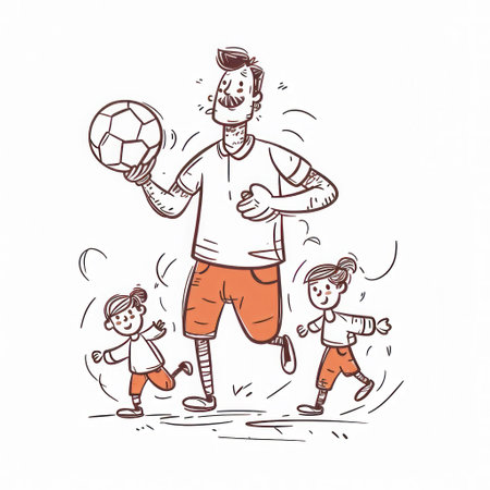 Father and children playing soccer. Hand drawn illustration in cartoon style.の素材