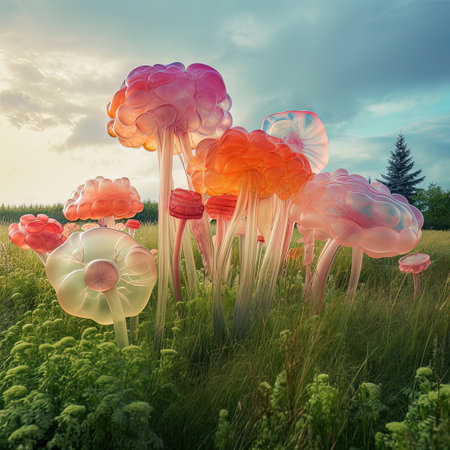 Composition with fantasy mushrooms on the meadow. AI generated Fantasy clouds in the blue sky in the shape of jelly fishの素材