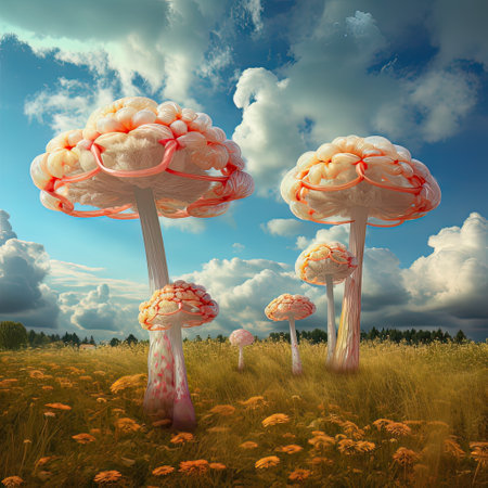 Mushrooms in the meadow. AI generated Fantasy clouds in the blue sky in the shape of jelly fishの素材