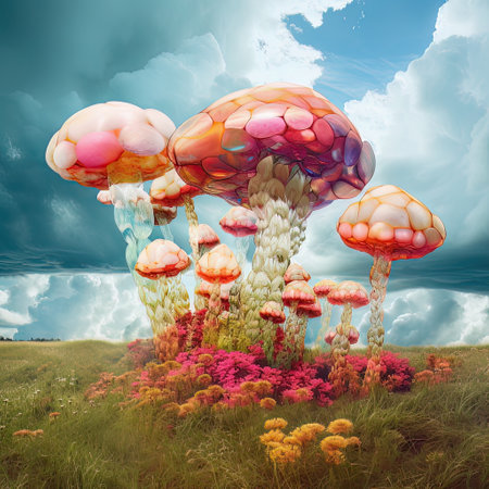 Fantasy landscape with mushrooms in a meadow. AI generated Fantasy clouds in the blue sky in the shape of jelly fishの素材