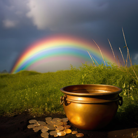 golden pot with gold coins on green grass and rainbow background.の素材