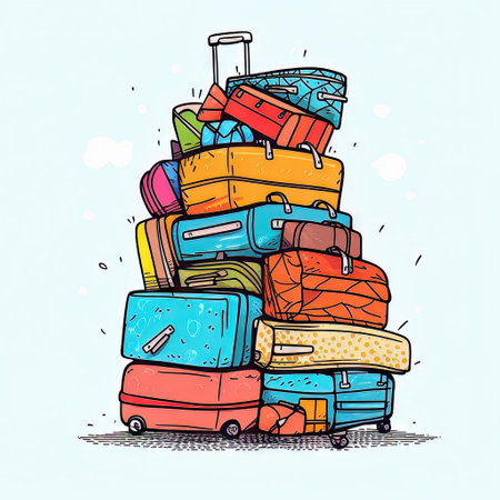Pile of colorful travel suitcases. Hand drawn illustration.の素材