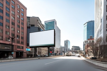 Blank billboard on city street with cityscape background, mock up for your designの素材