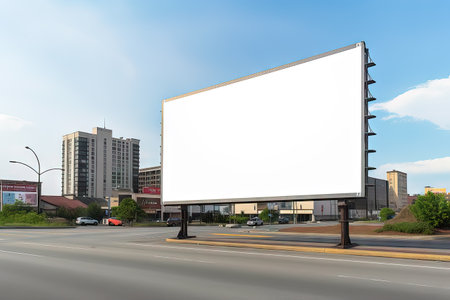 Blank billboard on the road with cityscape background. AI generated Blank billboard on the street, Local outdoor advertising mockupの素材