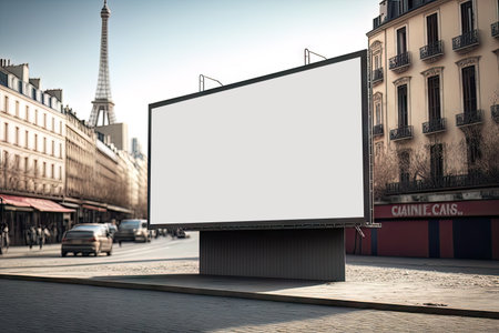 Blank billboard on the city street with Eiffel tower in the background. AI generated Blank billboard on the street, Local outdoor advertising mockupの素材