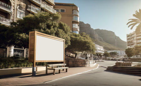 Blank billboard on the promenade with mountains in the background. AI generated Blank billboard on the street, Local outdoor advertising mockupの素材