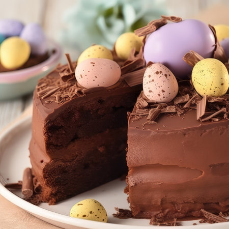 Easter cake with chocolate and eggs on a white wooden background.の素材
