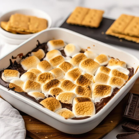 AI generated Sweet dessert with chocolate and marshmallows in baking dish. S'mores at home.の素材