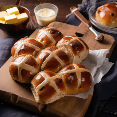 Easter hot cross buns with butter on a wooden board.の素材