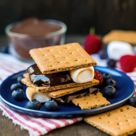 AI generated Sweet dessert with chocolate and marshmallows in baking dish. S'mores at home.の素材