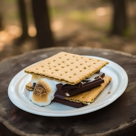 AI generated Sweet dessert with chocolate and marshmallows in baking dish. S'mores at home.の素材