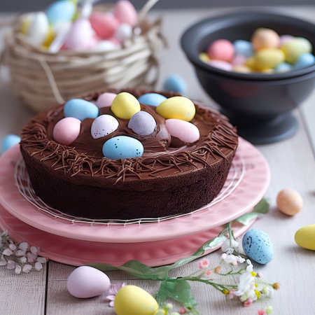 Easter cake with chocolate and colorful eggs on a white wooden backgroundの素材