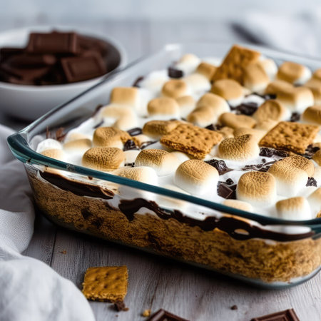 Sweet dessert with chocolate and marshmallows. Selective focus.の素材