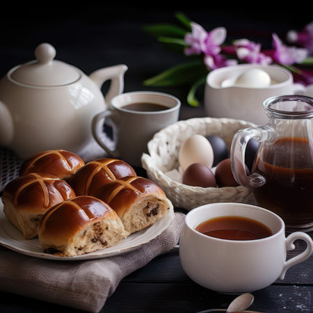Easter hot cross buns with raisins, eggs and coffee on a black backgroundの素材