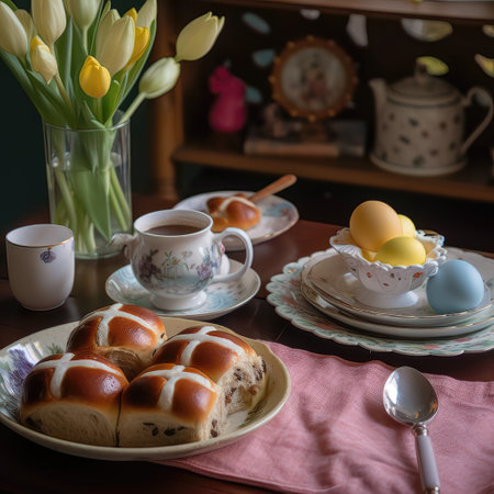 Easter hot cross buns and cup of tea on the tableの素材