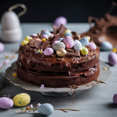 Easter chocolate cake with chocolate glaze and colorful eggs, selective focusの素材